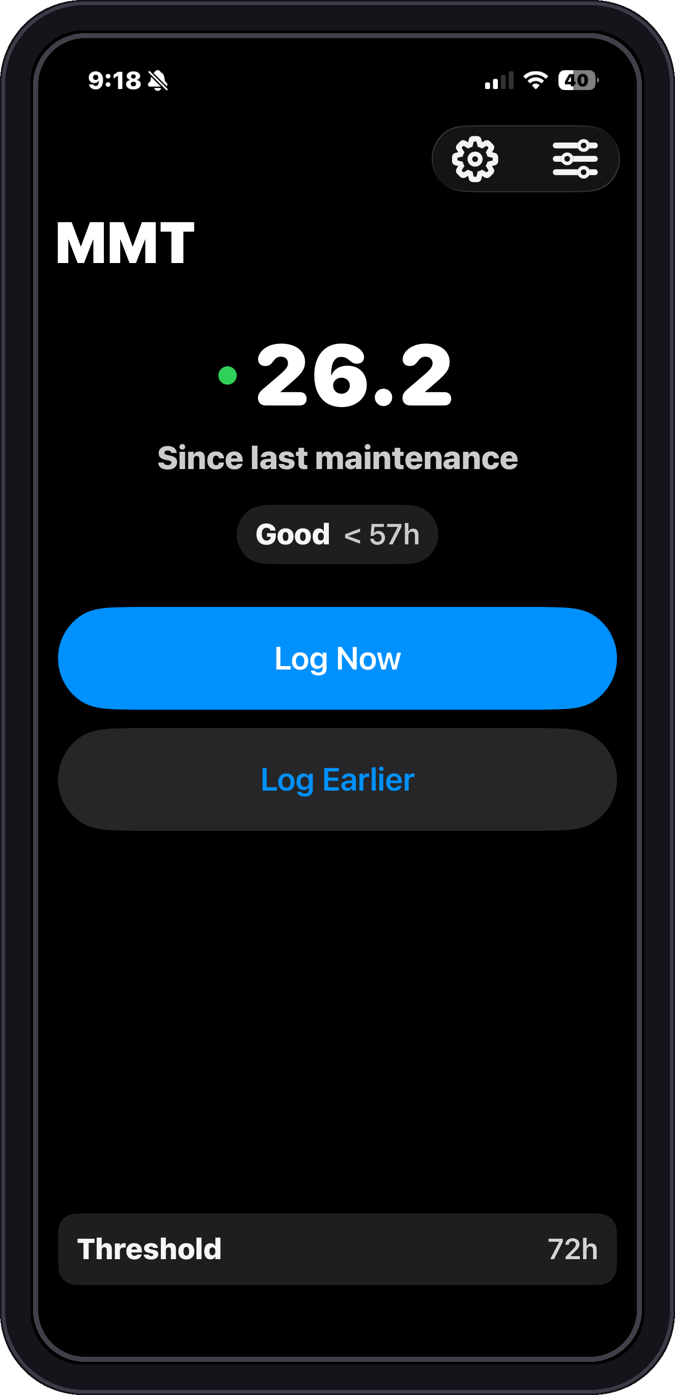 MMT home screen showing time since last maintenance